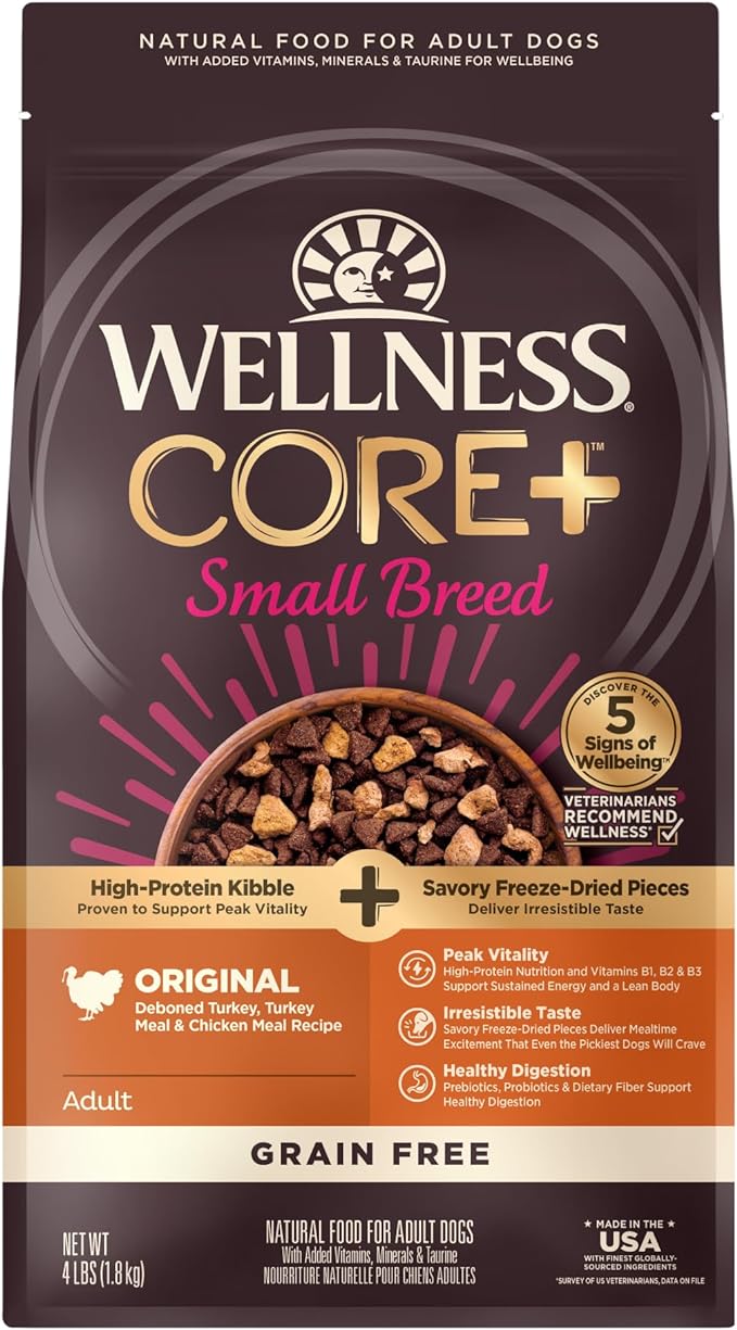 Wellness CORE+ Grain-Free Dry Small Dog Food, Natural Ingredients, Made in USA with Real Freeze-Dried Meat (Adult, Small Breed, 4 lbs)