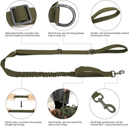 Forestpaw Tactical Dog Harness for Large Dogs,Tactical Dog Collar with Bungee Leash Set,No Pull Military Dog Harness for Dog Walking Training,Adjustable for Medium Large Dogs,Green S