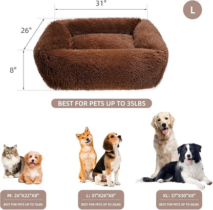 31 Inch Calming Dog Beds for Small Medium Large Dogs, Soft Faux Fur Fluffy Cuddler Cat Bed, Washable Rectangle Anti-Slip Plush Pet Bed, Coffee