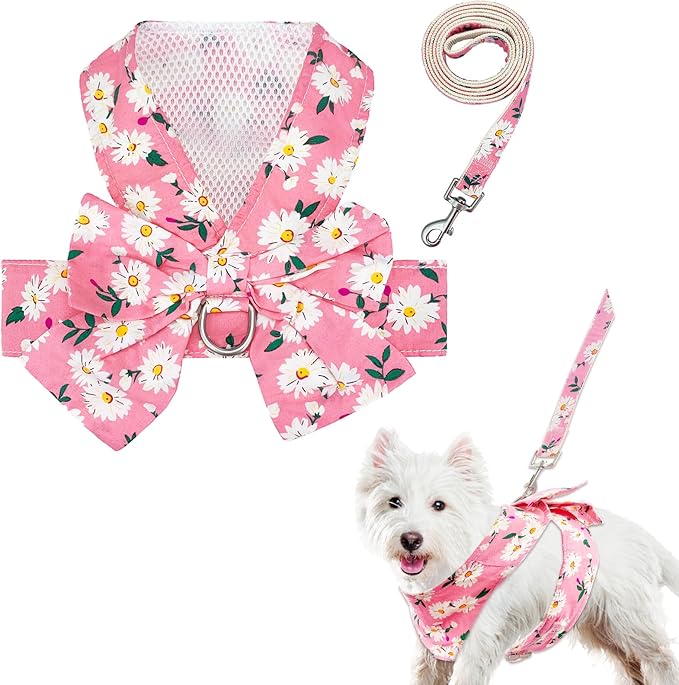 Dog Harness Vest Set for Small Girl Dogs with D-Ring Soft Comfortable Mesh Dog Harness Vest Pet Daisy Floral Bow Tie for Small Medium Large Dogs (Pink, XS)