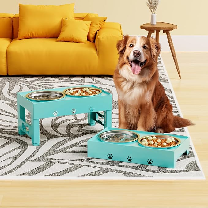 Elevated Dog Bowls 5 Height Adjustable Non-Slip Stand Adjusts to 3.1", 9", 10", 11", & 12" with 2 Stainless Steel Raised Dog Food Bowl for Medium Large Dogs and Pets (Aquamarine)