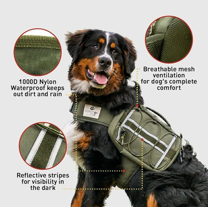 Comfortable Backpack for Anxious & Energetic Dogs w Treat Bag Bundle | Saddle Bag for More Focused & Calmer Hound | Reflective & Lightweight Harness w Roomy Pockets | Khaki