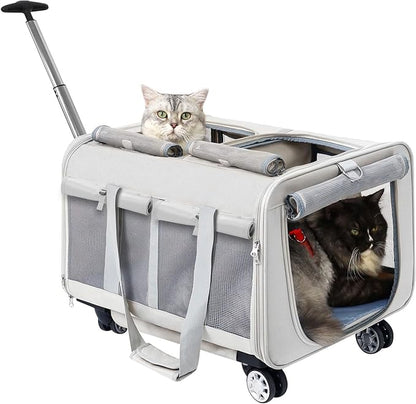 Cat Carrier with Wheels for 2 Cats - Double Compartment Cat Carrier with Wheels for 2 Cats - 21" x 17" x 13" Not for Airline