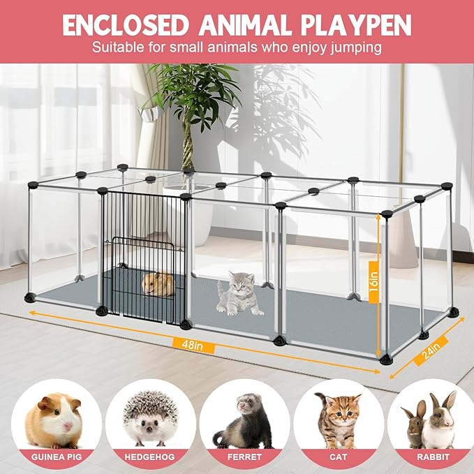 20 Panels Small Animals Playpen, Transparent Pet Playpen with Waterproof Mat, Plastic Enclosure, Pet Fence Yard Fence for Guinea Pigs, Bunny, Ferrets, Hamsters, Hedgehogs for Indoors Outdoor