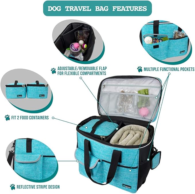 PetAmi Dog Travel Bag, Travel Pet Bag Organizer, Dog Food Travel Bag with Food Container and Bowls, Dog Travel Supplies Gift Accessories for Weekend Camping, Dog Cat Diaper Bag (Sea Blue, Large)