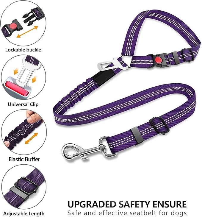 Best Dog Supplies Dog Car Seat Belt - Adjustable Buckle Design Elastic Nylon Vehicle Seatbelt Plus Durable Tangle-Free Headrest Harness - Perfect for Pets – Purple