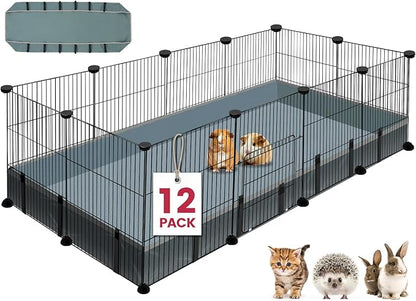 12 Panels Small Animal Playpen,Pet Playpen with Waterproof Mat,C&C Cage for Guinea Pigs,Puppy Play Pen,Bunny Playpen,Indoor Outdoor Portable Metal Wire Yard Fence