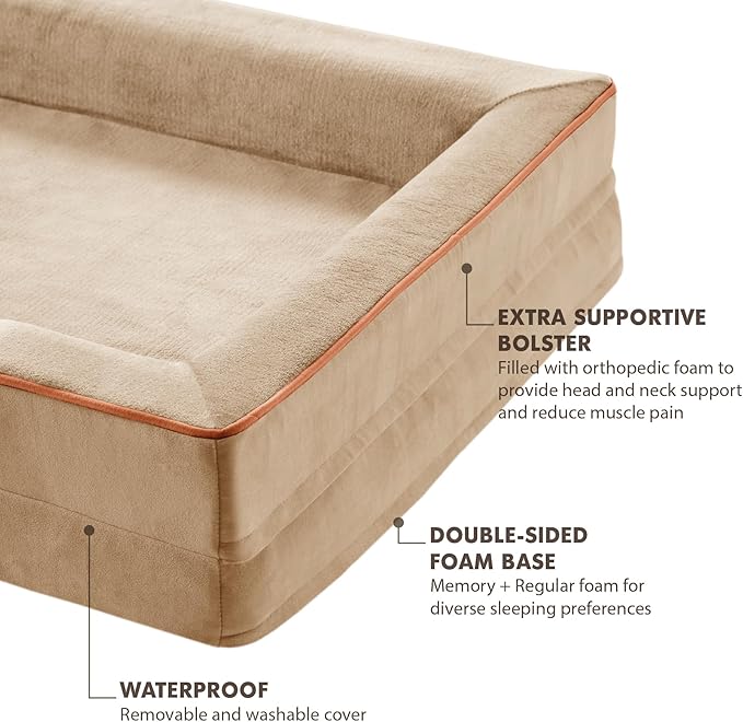 XXL Orthopedic Dog Sofa Bed - Jumbo Pet Couch with Memory Foam, Completely Removable Washable Cover, Waterproof Lining, Nonskid Bottom, Beige - Perfect for Large Breeds