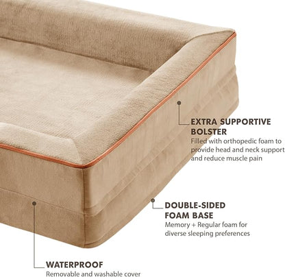 XXL Orthopedic Dog Sofa Bed - Jumbo Pet Couch with Memory Foam, Completely Removable Washable Cover, Waterproof Lining, Nonskid Bottom, Beige - Perfect for Large Breeds