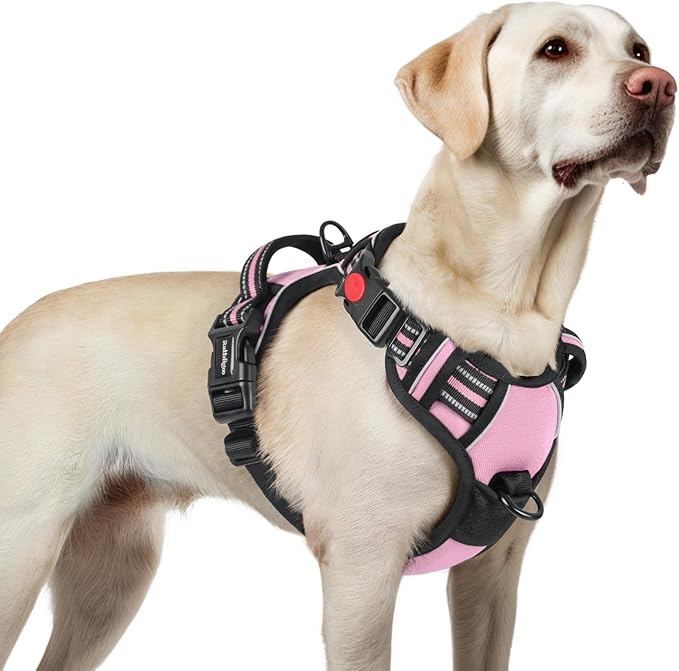 rabbitgoo Dog Harness for Large, No Pull Pet Harness with 3 Buckles, Adjustable Soft Padded Dog Vest with Instant Control Handle, Easy Walking Reflective Pet Vest for Large Dogs, Pink, L