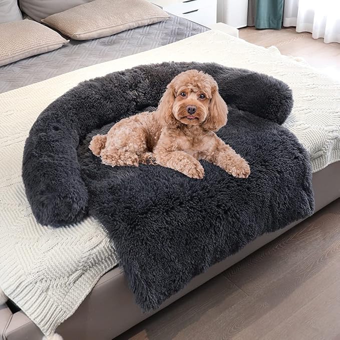 Calming Plush Dog Bed, Plush Pet Couch Protector for Dog with Memory Foam Neck Bolster, Universal Pet Furniture Cover, Sofa Bed Cover, Plush Dog Bed Machine Washable Black Medium