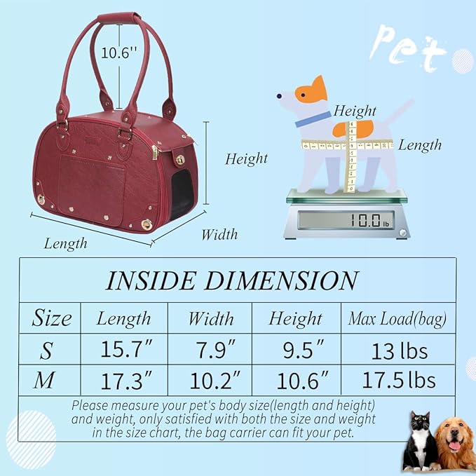 PetsHome Dog Carrier Purse, Pet Carrier, Cat Carrier, Foldable Waterproof Premium Leather Pet Travel Portable Bag Carrier for Cat and Small Dog Home& Outdoor Wine Red