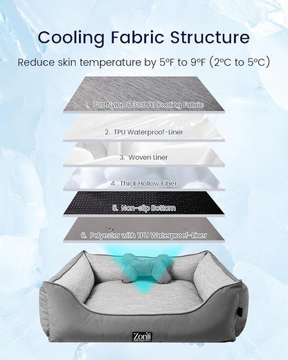 ZonLi Cooling Dog Bed, Dog Bed for Medium Dogs, Dog Cooling Bed with Bolsters Waterproof, for Dogs Up to 30 lbs, Pet Bed with Washable Cover, Non-Slip Bottom, Without Gel, Arctic Grey