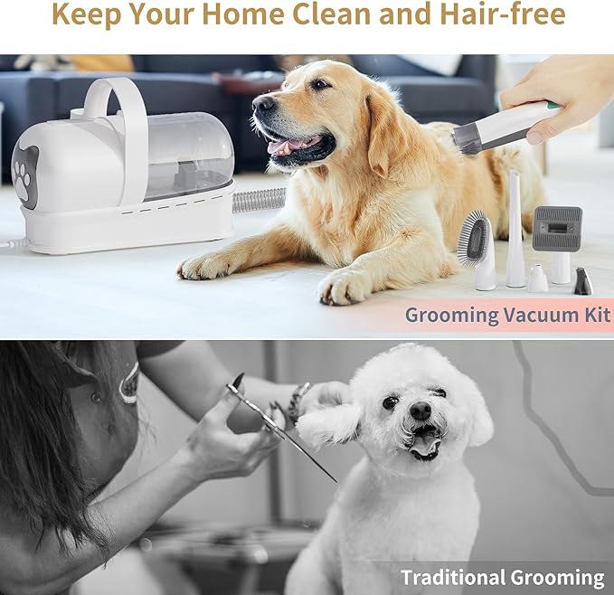 Dog Grooming Kit, Pet Grooming Vacuum with Pet Clipper Nail Grinder, Dog Hair Vacuum with 6 Pet Grooming Tools for Dogs Cats Shedding Grooming