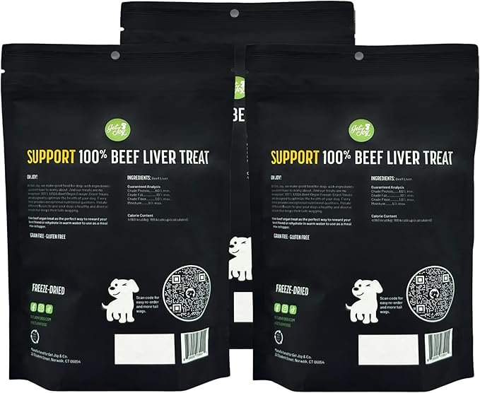 Get Joy Freeze Dried Superfood 100% Beef Liver Dog Treats, 4 Ounce Bag (Pack of 3), Single Ingredient Organ Meat, High Protein, Vision, Skin & Coat Health, Grain Free, Gluten Free, Made in USA