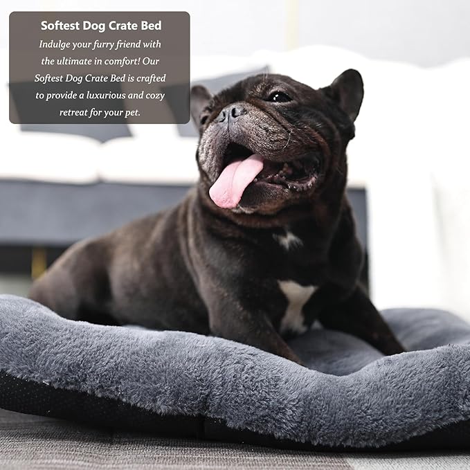 24 inch Dog Bed for Crate Washable Extra Soft Small Dog Bed Pillow with Zipper fit Small Breed Pets,Crate pad 24 x 18 inch with Anti-Slip Bottom Helps Ease Pet Anxiety,Dark Gray