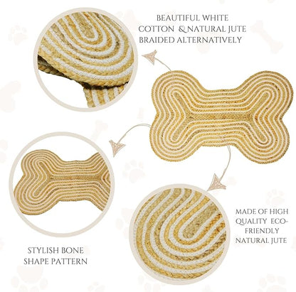 16.5"X21" Jute Cotton Bone Shaped Feeding Mat Dog Cat Bowl Mat Handmade Indoor Rug Door Mats for Entrance Back Door Natural Handmade Dog Placemat (Dog Chew