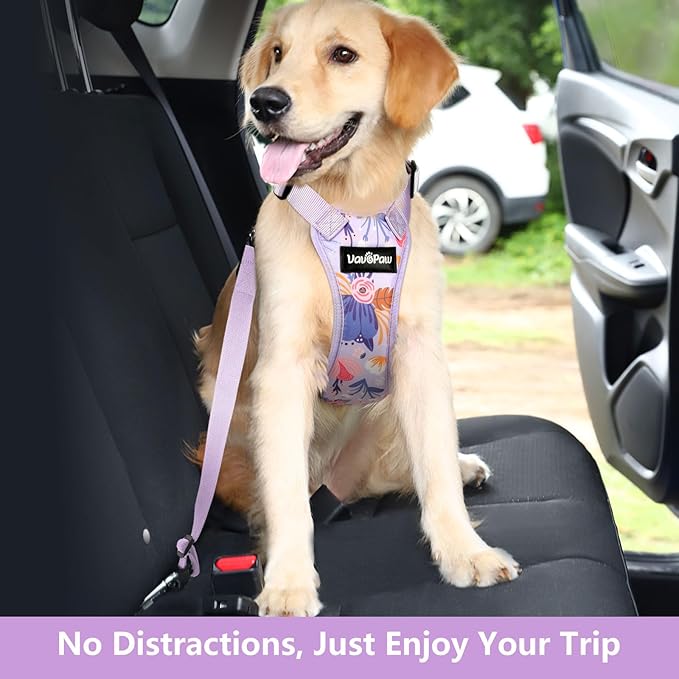 Dog Vehicle Safety Vest Harness, Adjustable Soft Padded Mesh Car Seat Belt Leash Harness with Travel Strap and Carabiner for Most Cars, XXL Size, Purple Flower