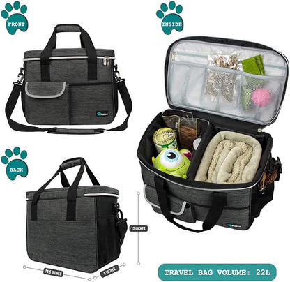 PetAmi Dog Travel Bag, Travel Pet Bag Organizer, Dog Food Travel Bag with Food Container and Bowls, Dog Travel Supplies Gift Accessories for Weekend Camping, Dog Cat Diaper Bag (Charcoal, Medium)