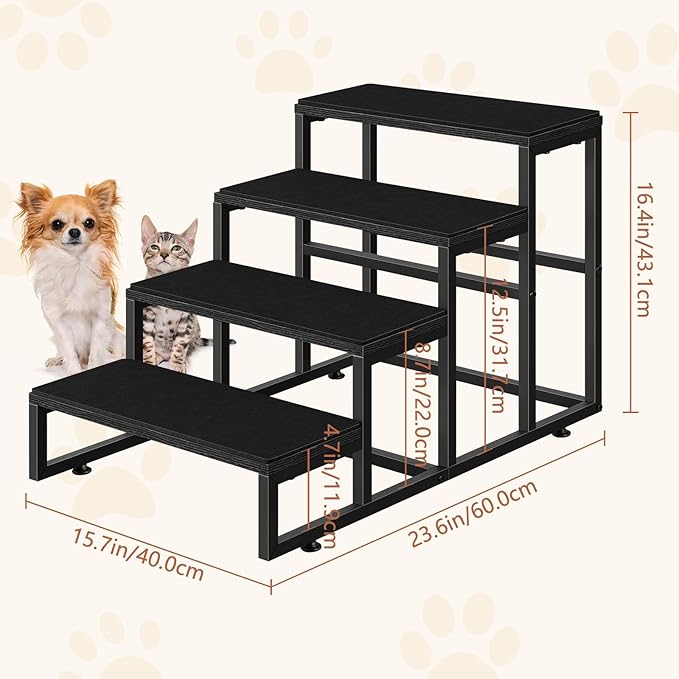 Pet Stairs for High Bed 4 Steps Dog Stairs for Small Dogs Black Pet Bed Steps for Large Dogs 100 Pounds Wood Tall Dog Stairs for Small Dogs