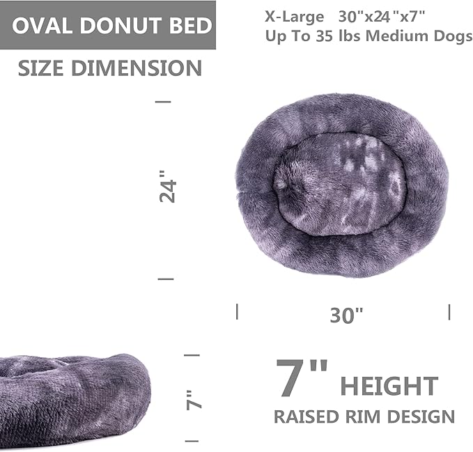 Oval Calming Donut Cuddler Dog Bed Bed(30"/36"/43") for (L(30"x24"x7"), Grey2021)