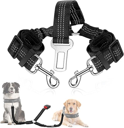 SlowTon Dog Seat Belt, Double Dog Seatbelt Adjustable Vehicle Safety Leash with Elastic Bungee Buffer, Reflective No Tangle Y Shape Two Dog Harness Seat Belt Splitter for Pets Car Trip (Black, M)