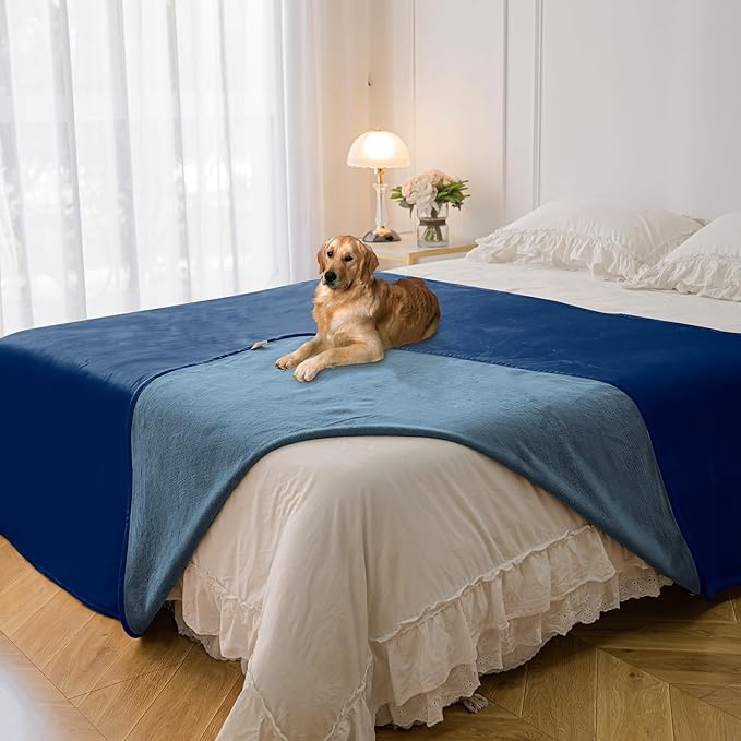 100% Waterproof Dog Blanket, 82x120 inches Soft Leak Proof Pet Couch Throw for Sofa, Bed Furniture Protector Covers from Dogs Puppys Cats Washable-Navy Blue+Stone Blue