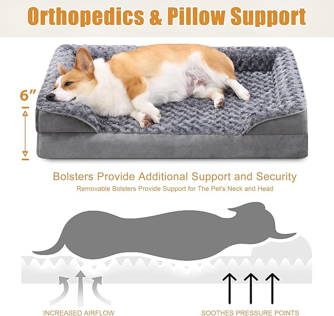 KSIIA Orthopedic Dog Bed Medium Size Dog Couch Waterproof Dog Bed Washable Dog Bed Egg Foam Pet Bed with Removable Bolster & Nonskid Bottom Medium Dog Bed Sofa 29 x 18 x 6 Inch
