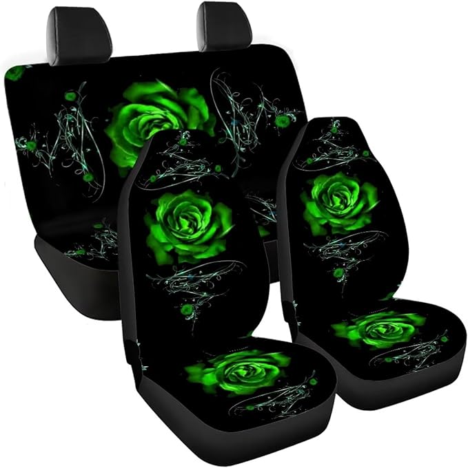 Green Rose Car Seat Cover Set for Women 4pcs Auto