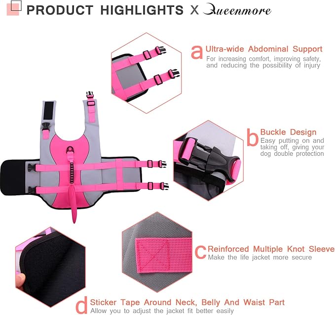 Queenmore Dog Life Jacket Ripstop Shark Dog Safety Vest Adjustable Preserver with High Buoyancy and Durable Rescue Handle for Small