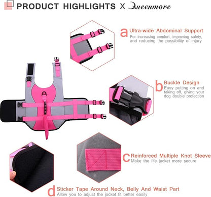 Queenmore Dog Life Jacket Ripstop Shark Dog Safety Vest Adjustable Preserver with High Buoyancy and Durable Rescue Handle for Small