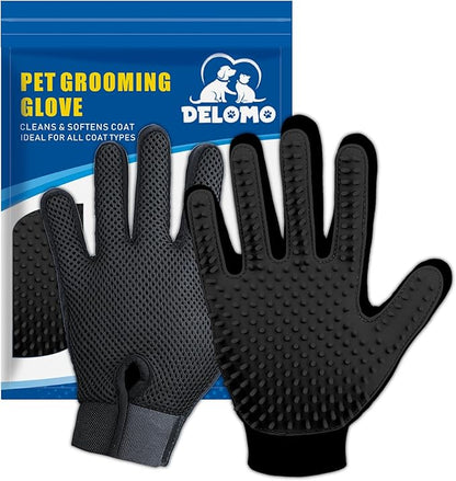 Upgrade Version Pet Grooming Glove - Gentle Deshedding Brush Glove - Efficient Pet Hair Remover Mitt - Enhanced Five Finger Design - Perfect for Dog & Cat with Long & Short Fur - 1 Pair (Black)