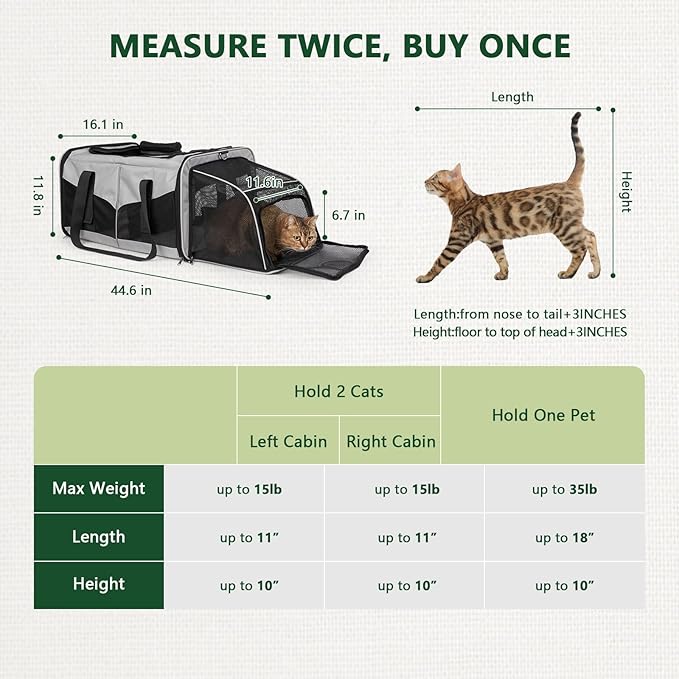 Cat Travel Carrier with Litter Boxes for 2 Cats, Double-Compartment Soft Pet Carrier, Expandable Portable Cat Carrier for Car Travel, up to 35 lb Road Trip, Camping, Hiking, Grey