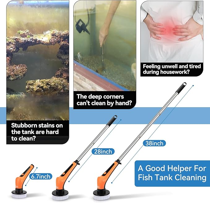 hygger IPX8 Electric Aquarium Cleaning Brushes, Rechargeable Cleaner Tools Kit with 6 Replaceable Clean Spin Brush Heads Cordless Use 2 Speeds Adjustable Handle for Dog House Outdoor/Cat Litter Boxes