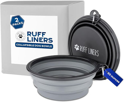 Set of 2 Collapsible Dog Bowls for Travel, 1500ml Portable Dog Bowl for Food and Water - Gray and Black, Easy to Clean, BPA-Free, with Carabiner - Ideal for All Breeds and Sizes