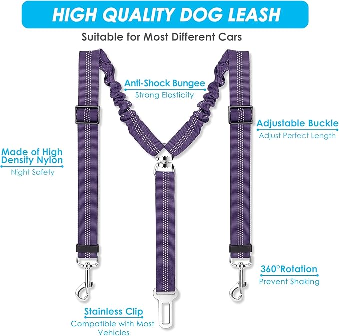 SlowTon Dog Seat Belt, Double Dog Seatbelt Adjustable Vehicle Safety Leash with Elastic Bungee Buffer, Reflective No Tangle Y Shape Two Dog Harness Seat Belt Splitter for Pets Car Trip (Purple, M)