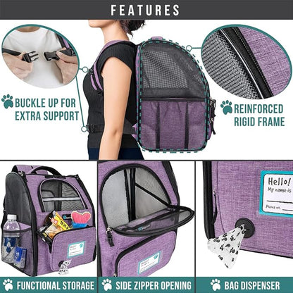 PetAmi Dog Cat Backpack Carrier, Expandable Pet Carrier Backpack for Travel Hiking, Small Medium Dog Puppy Large Cat Carrying Backpack, Airline Approved Ventilated Soft Back Support, 18 lbs, Purple