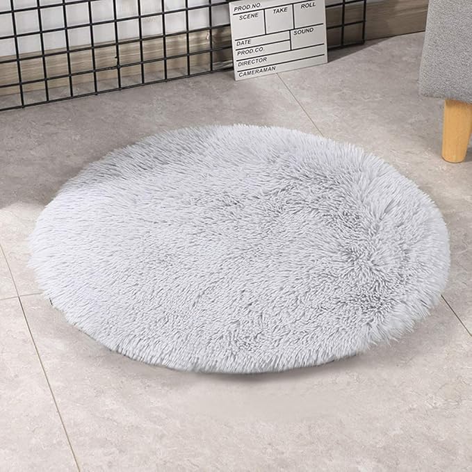 31 Inch Plush Dog Bed Mat Warm Fluffy Round Puppy Crate Pad with Anti-Slip Waterproof Bottom Soft Comfy Pet Kennel Mat for Small and Medium Dogs Sleeping(Light Grey)