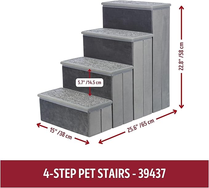 TRIXIE Velour 4-Step Pet Stairs with Storage, Collapsible, Storage Compartments for Pet Toys