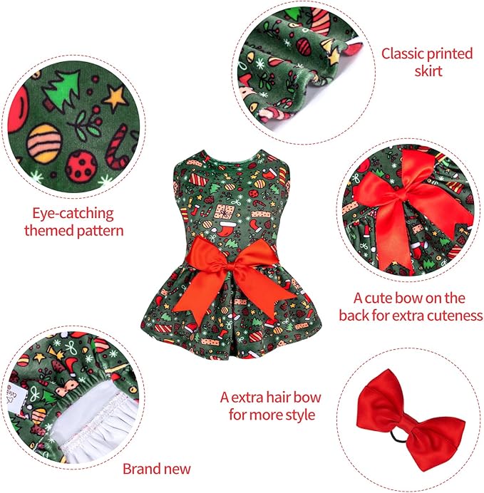 CuteBone Dog Dresses Velvet Holiday Small Dogs Clothes Onesie Pet Apparel Girl Puppy Skirt with Bow Hair Rope CVA33S