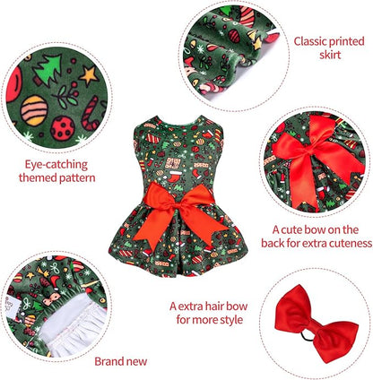 CuteBone Dog Dresses Velvet Holiday Small Dogs Clothes Onesie Pet Apparel Girl Puppy Skirt with Bow Hair Rope CVA33XS