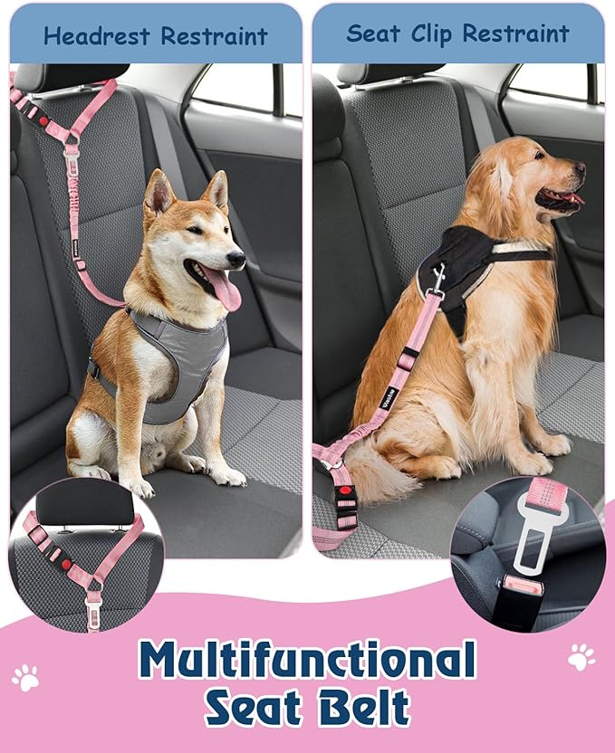 Vastar 2 Pack Dog Seat Belt for Car, 3-in-1 Dog Car Seat Belt, Adjustable Pet Seat Belt, Safety Headrest Restraint Dog Car Belt with Reflective Elastic Bungee, Poop Bag Holder