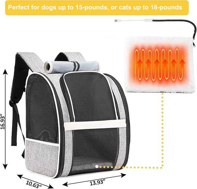 Texsens Cat Backpack Carrier with Heating Pad - Portable Pet Carrier for Small Dogs & Medium Cats, Adjustable Temperature & USB Charge Port, Chew Resistant Cord, Ideal for Winter Outings & Travel