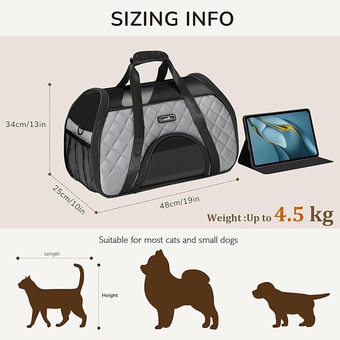 Pecute Cat Carrier Soft, Small Dog Carrier Airline Approved, Large Cat Carrier, Dog Purse Carrier for Small Dogs, Cat Travel Carrier Lightweight, Breathable, Travel Puppy Carrier up to 10lbs (Grey)