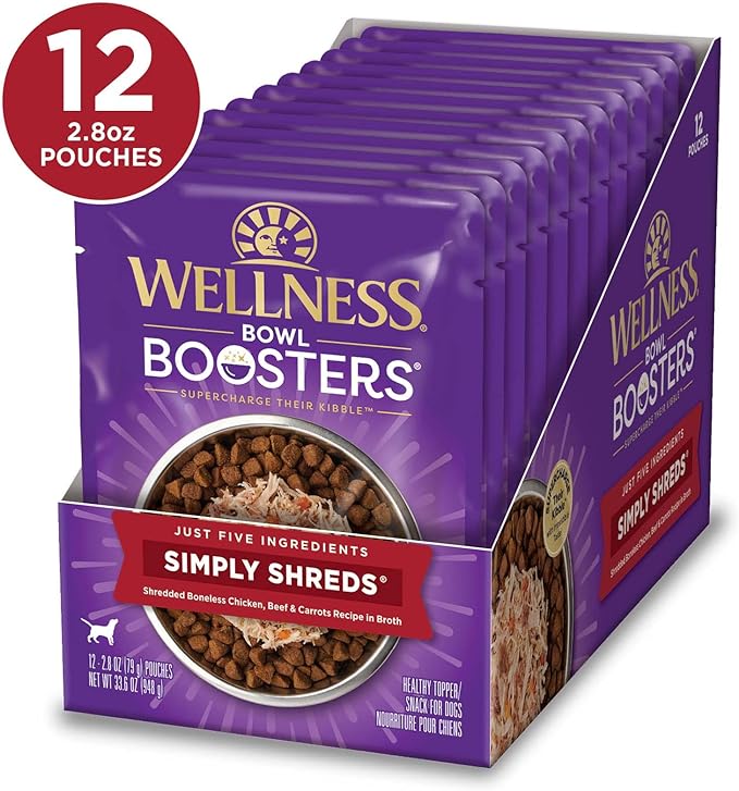 Wellness Bowl Boosters Simply Shreds Natural Grain Free Wet Dog Food Mixer or Topper, Chicken, Beef & Carrots, 2.8-Ounce Pouch(Pack of 12)