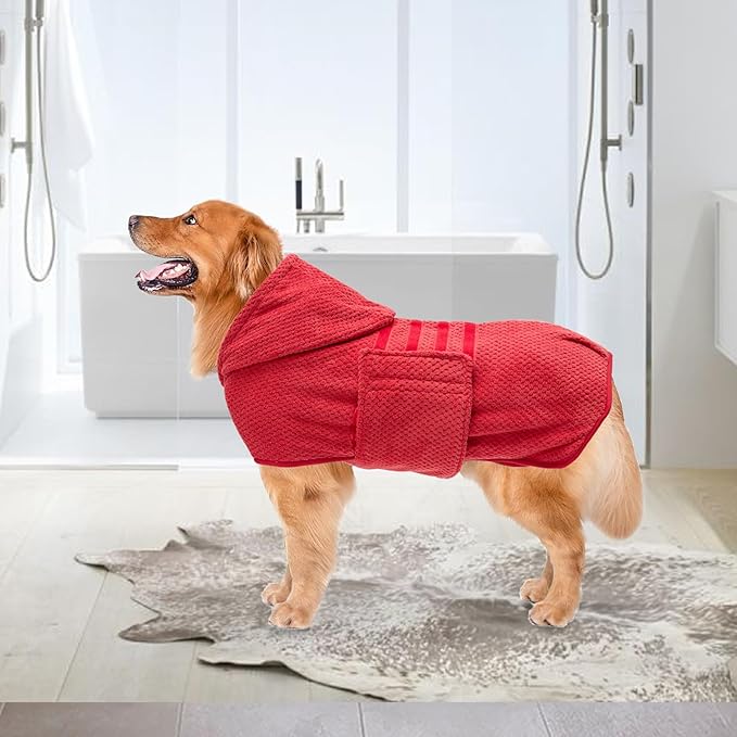 Geyecete Dog Drying Coat with Hood for After Bath Bathrobe Towel Dog Drying Coat for Wet Walking in Rain/Snow-Dry Fast Dog Bag-Pineapple Grid Fast Drying-Red-L