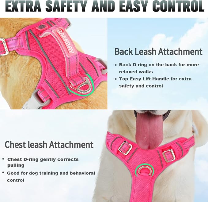 BARKBAY No Pull Dog Harness 3 Buckles Large Step in Reflective Dog Harness with Front Clip and Easy Control Handle for Walking Training Running with ID tag Pocket(Pink