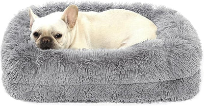 2 in 1 Calming Dog Beds for Medium Dogs, Dual Layer Orthopedic Egg Crate Foam & Memory Foam Faux Fur Shag Pet Mattress Warming Rectangle Cuddle Bed Comfy Anti Anxiety, Anti-Slip Washable Cover