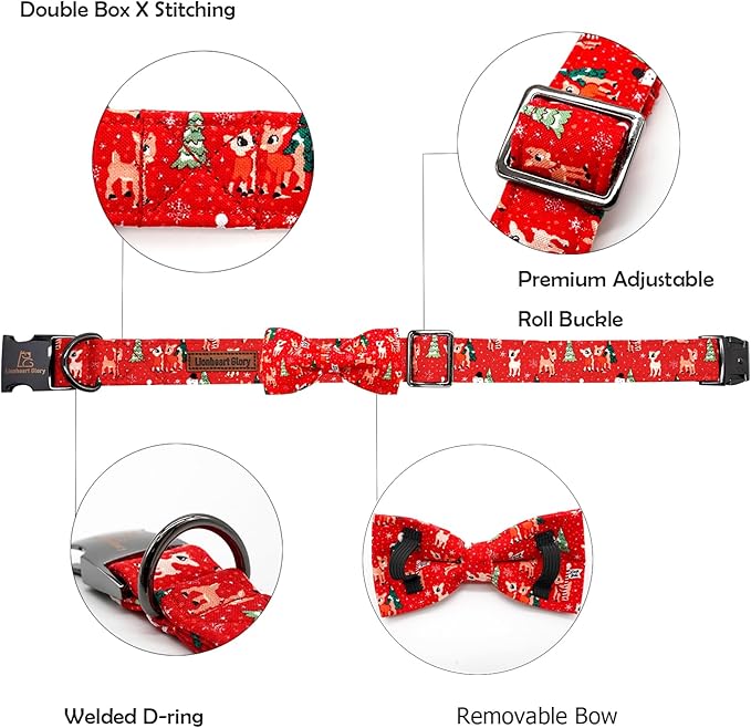 Lionheart glory Christmas Deer Dog Collar, Red Dog Bow Collar Adjustable Soft and Comfortable Bowtie Collars for Large Dogs Girl or Boy Pet Gift Fall Collar Dog Bow