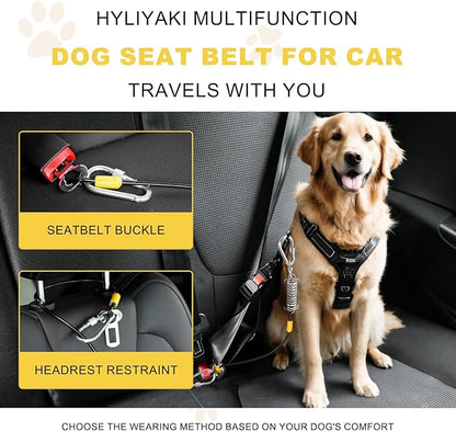 Dog Seat Belt Harness for Car, 5-in-1 Coated Wire Dog Seatbelt, HYLIYAKI Shock Spring-Loaded No Chew Pet Dog Car Seatbelt Leash, with Removable Reflective Short Leash(Black, 16 inch/40 CM)